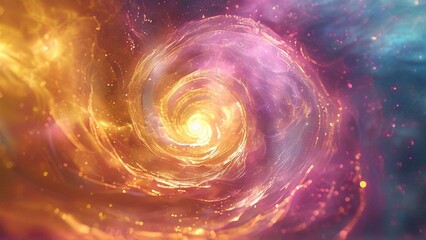 Abstract swirling vortex of light and color with glowing particles and a bright center, creating a sense of depth and energy.