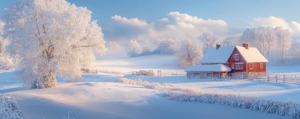 Snow-covered farm surrounded by frosty fields, with a cozy farmhouse and snow-covered barn, Serene, Cool Tones, Wide Angle