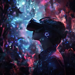 Naklejka premium A person wearing a virtual reality headset, immersed in a digital world filled By Generated AI