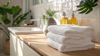 Three white towels stacked on top of each other on a wooden counter