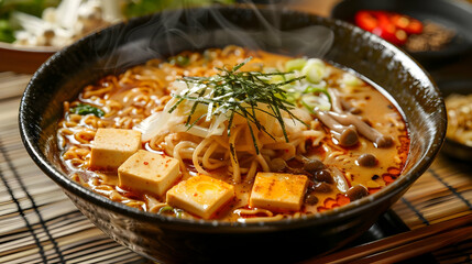 Steaming Bowl of Ramen Noodles with Tofu, Mushrooms, and Green Onions - Food Photography