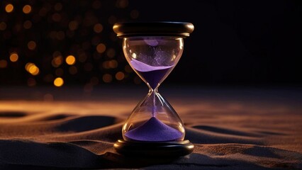 An hourglass with purple sand sits on a bed of sand, with out-of-focus warm lights in the background.