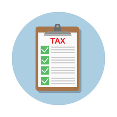 Vector illustration of clipboard tax document in cartoon flat style. Checklist financial analyst, data analysis for business icon.