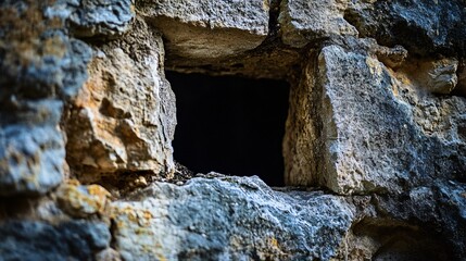 Small, precise hole in a stone wall revealing a deep, shadowy space inside