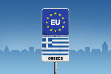 European Union border sign with Greece flag on an urban background