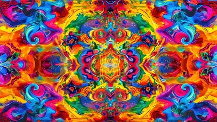 A vibrant, abstract pattern with a kaleidoscope design. The colors are bright and bold, and the shapes are intricate and flowing.