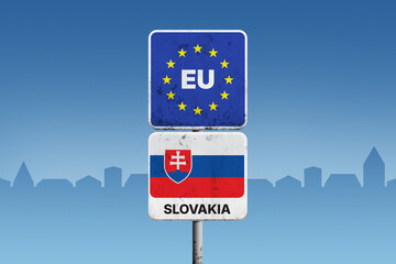 European Union border sign with Slovakia flag on an urban background