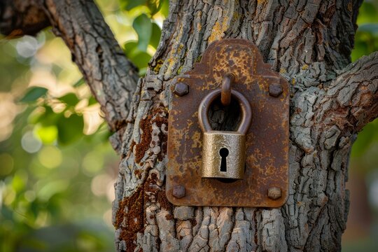 Close up of an old rusty padlock securing a tree trunk