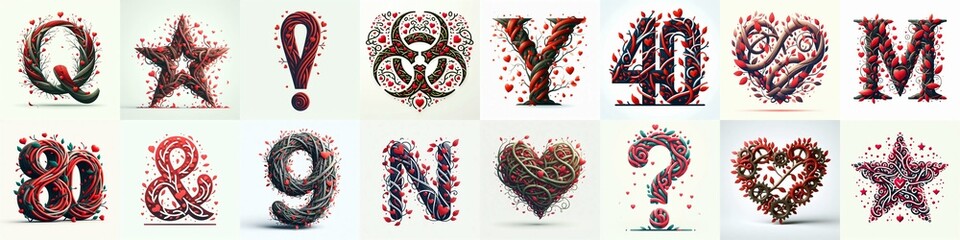 Twisted Branches and Red Hearts Lettering Typeface. AI generated illustration