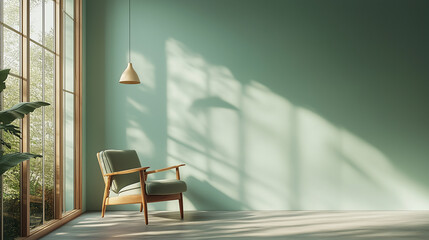 Mint green stylish modern minimal wooden interior. Sunlight reflection shadow.