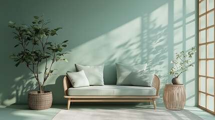 Mint green stylish modern minimal wooden interior. Sunlight reflection shadow.