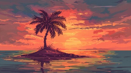 Sunset over a tropical island with a palm tree, illustrated with vibrant colors.