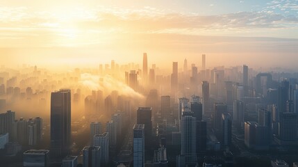 Fototapeta premium A breathtaking cityscape at sunrise, showcasing skyscrapers and mist for a serene urban morning atmosphere.