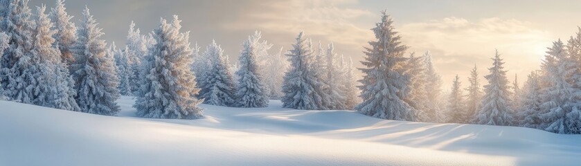 Snow-covered pine trees standing silently in a snow-covered landscape, with frosty branches and a clear winter sky, creating a serene winter scene, Serene, Cool Tones, Wide Angle
