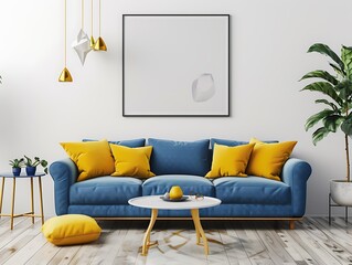 Behind the orange sofa in a modern apartment with a blank picture frame on the wall. Living room with elegant furniture