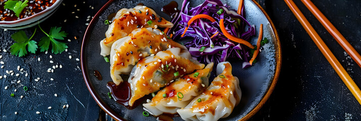 Delicious Sesame-Topped Gyoza Dumplings with Red Cabbage and Carrot Salad - Food Photography