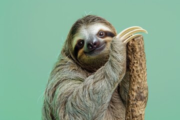 Fototapeta premium A cheerful sloth hanging on a branch, showcasing its charming expression against a vibrant green background.