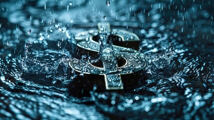 A silver dollar symbol partially submerged in water, representing economic challenges.