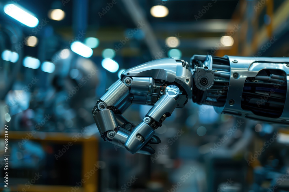 Poster a close-up of a robotic arm in a modern factory, showcasing advanced technology and intricate mechan