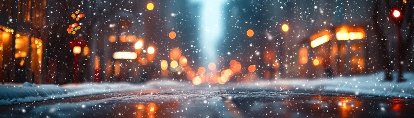 Snow-covered street with festive lights, holiday decorations, and snow falling softly, creating a joyful winter scene, Festive, Cool Tones, Wide Angle