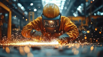 industrial welding scene with skilled workers in full protective gear sparks fly as metal is cut and shaped heavy machinery and raw materials surround the focused craftsmen