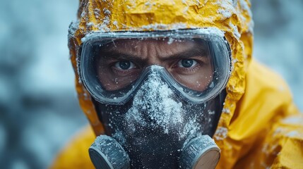 industrial worker in hazardous environment handling asbestos without proper protection factory setting focus on unsafe working conditions muted colors emphasizing danger