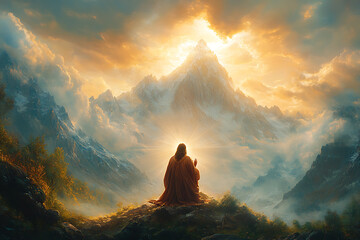 Fototapeta premium Jesus Christ, folding his hands and raising to the mountain, standing on his knees praying, turns to God and a ray of light shines on him