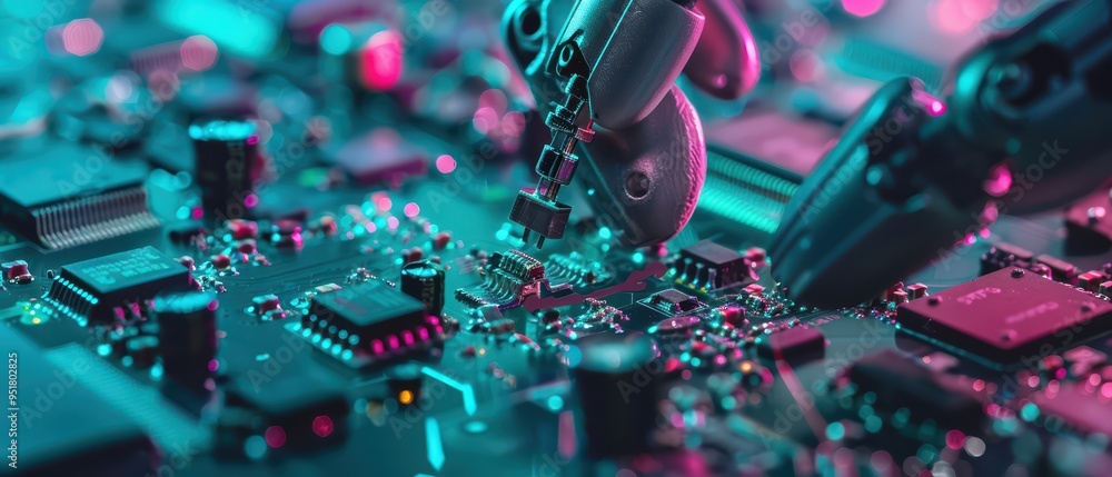 Poster a close-up view of robotic hands interacting with a colorful circuit board, showcasing advanced tech