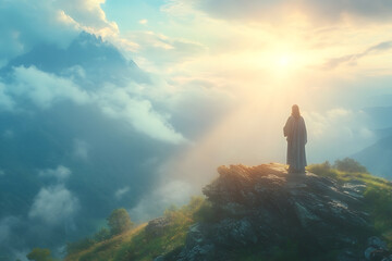 Obraz premium Jesus Christ, folding his hands and raising to the mountain, standing on his knees praying, turns to God and a ray of light shines on him