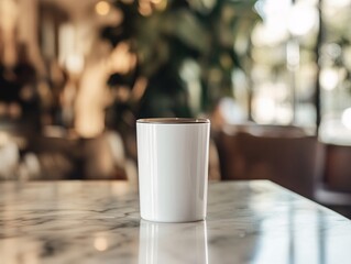 Elegant White Cup on Marble Table with Indoor Greenery