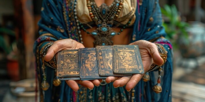 Fortune teller woman holding magic cards in her hands