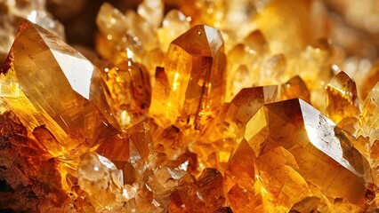 A close-up of a cluster of golden citrine crystals, showing their intricate geometric shapes and sparkling facets.