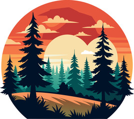 Forest landscape trees silhouettes with sunset on background. T-shirt or poster illustration.