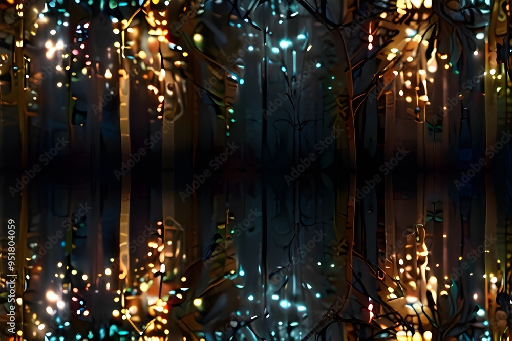 Wall mural Blurred lights shining amongst tree branches background Generative AI