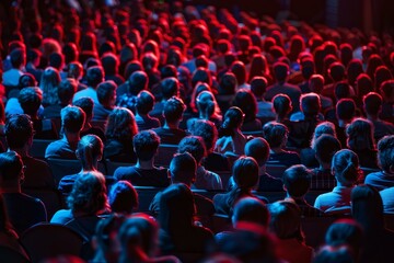 Obraz premium Large group of people sitting in an auditorium, listening to a speaker at a conference or seminar