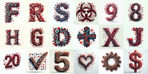 Naklejka premium Twisted Branches and Red Hearts Lettering Typeface. AI generated illustration