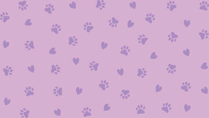 Purple seamless pattern of dog or cat paw prints and hearts. For t-shirts, backgrounds, patterns, websites, showcases design, greeting cards, child prints, wallpapers etc