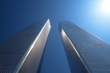 Two tall buildings with a clear blue sky in the background