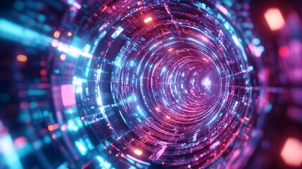 Obraz premium Quantum Tunneling through a Surreal Fractal Labyrinth of Glowing Neon Ribbons and Pulsing Geometric