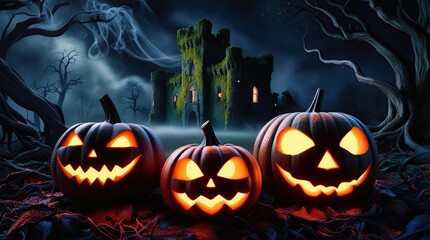 A highly detailed and realistic macro photography close-up of a Halloween-themed 4K wallpaper featuring a trio of intricately carved