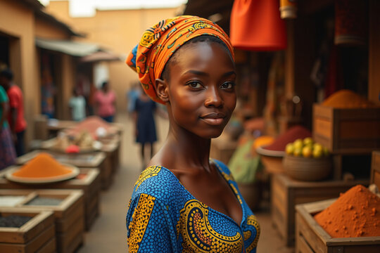 Young Gambian woman in kente cloth at vibrant marketplace