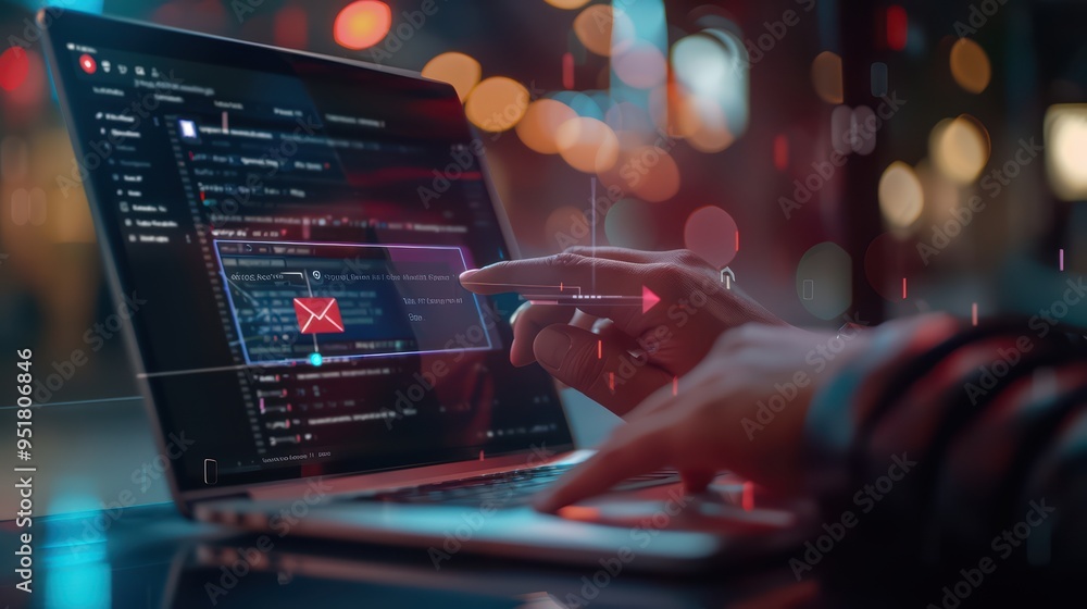 Poster a person coding on a laptop, illuminated by colorful lights, showcasing modern programming and digit