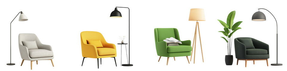 Obraz premium A stylish collection of modern armchairs in various colors, enhanced by elegant lamps and decorative plants for a chic decor. isolated on a transparent background