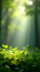 Morning sunlight illuminates young sprouts on a mossy forest floor