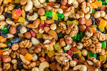 Mix of different kind of nuts and dried fruits, almond, walnut, hazelnut, cashew, peanut, light and dark raisins. Top view, close up. Healthy food, superfood, organic products, background, promo, eco