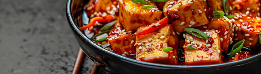 Closeup of Spicy Tofu with Sesame Seeds in a Black Bowl - Food Photography