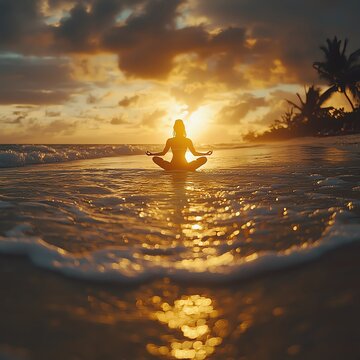 A serene sunset view with a person meditating on the beach, surrounded by calm waves and vibrant colors in the sky.