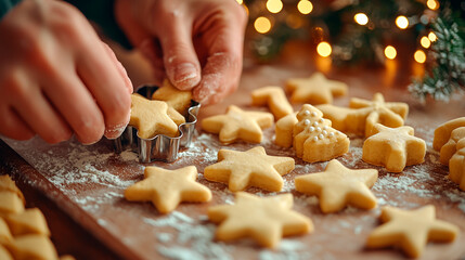 Hands Preparing Christmas Star Cookies on Floured Surface, Cozy Holiday Atmosphere