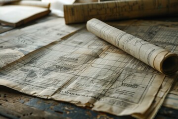 Old maps and papers are laying on a desk, evoking times past