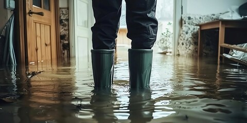 A man in rubber boots stands in a flooded house. Generative AI